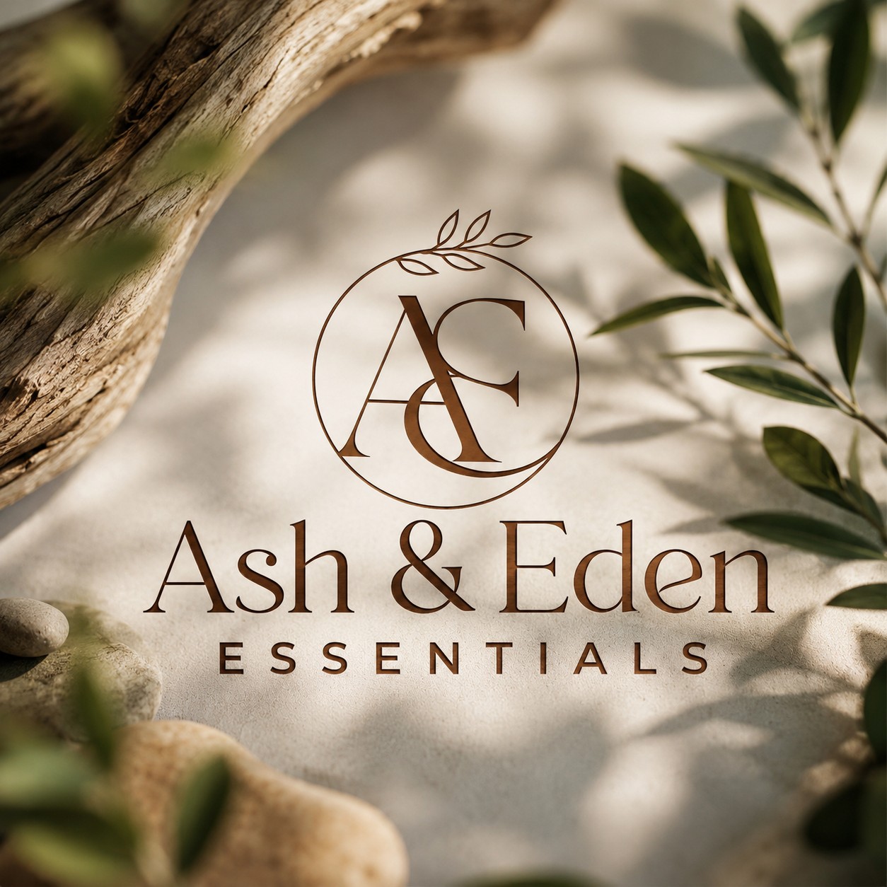 Ash & Eden Essentials logo among driftwood and olive branches
